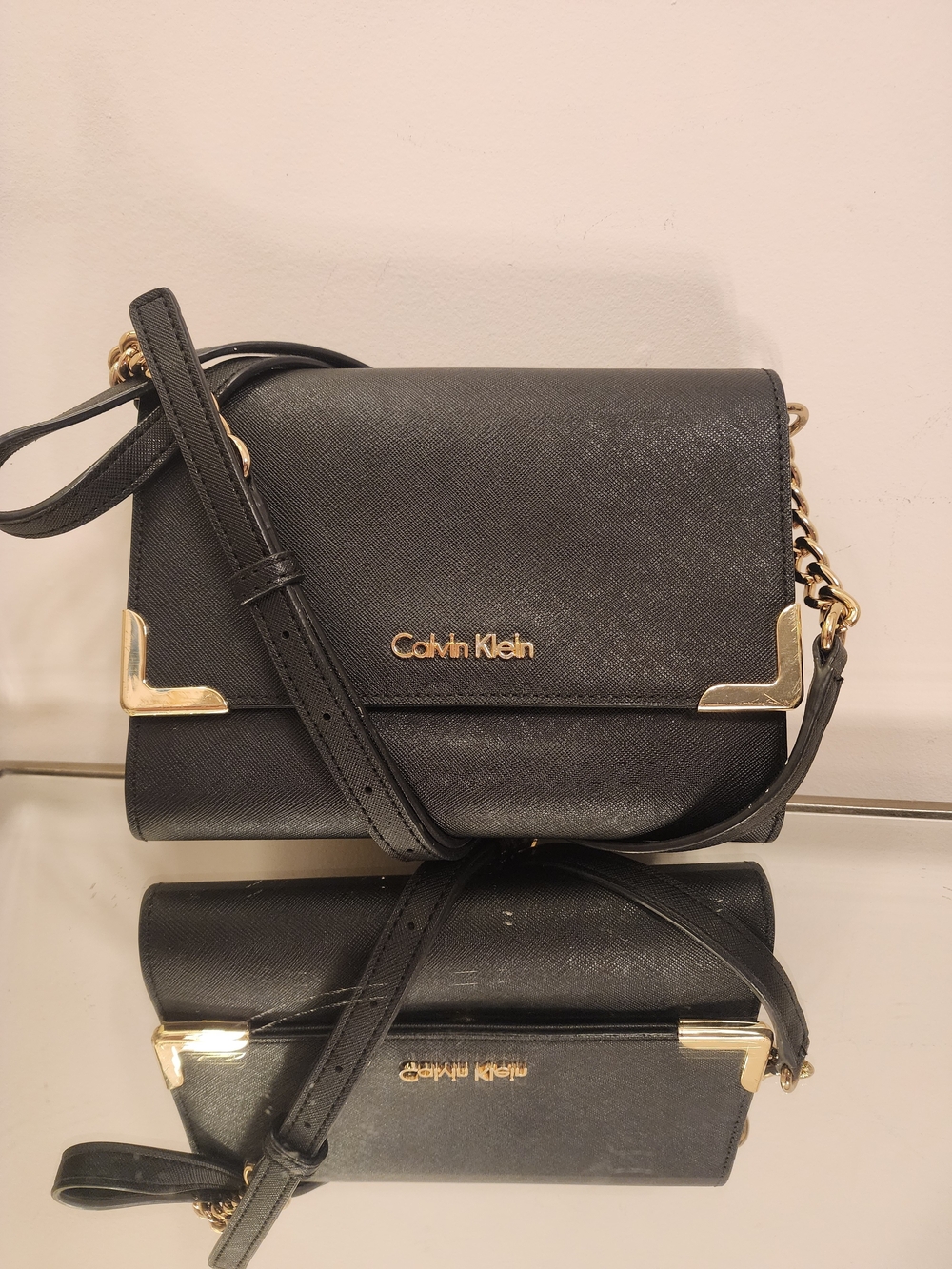 Calvin Klein Black Crossbody with Gold Corner Accents